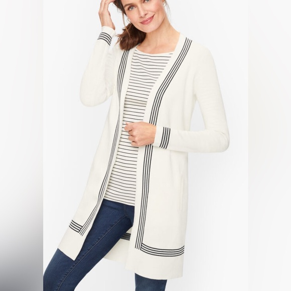Talbots Sweaters - GUC - Talbots - long contrast trim cardigan - Medium - cream color